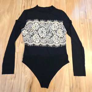 Black Mesh Mockneck Lace Bodysuit Size Large